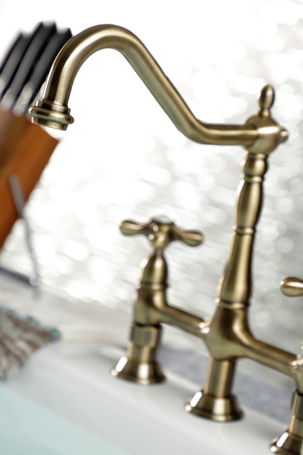 Kingston Brass KS1273AXBS Heritage Bridge Kitchen Faucet with Brass Sprayer, Antique Brass