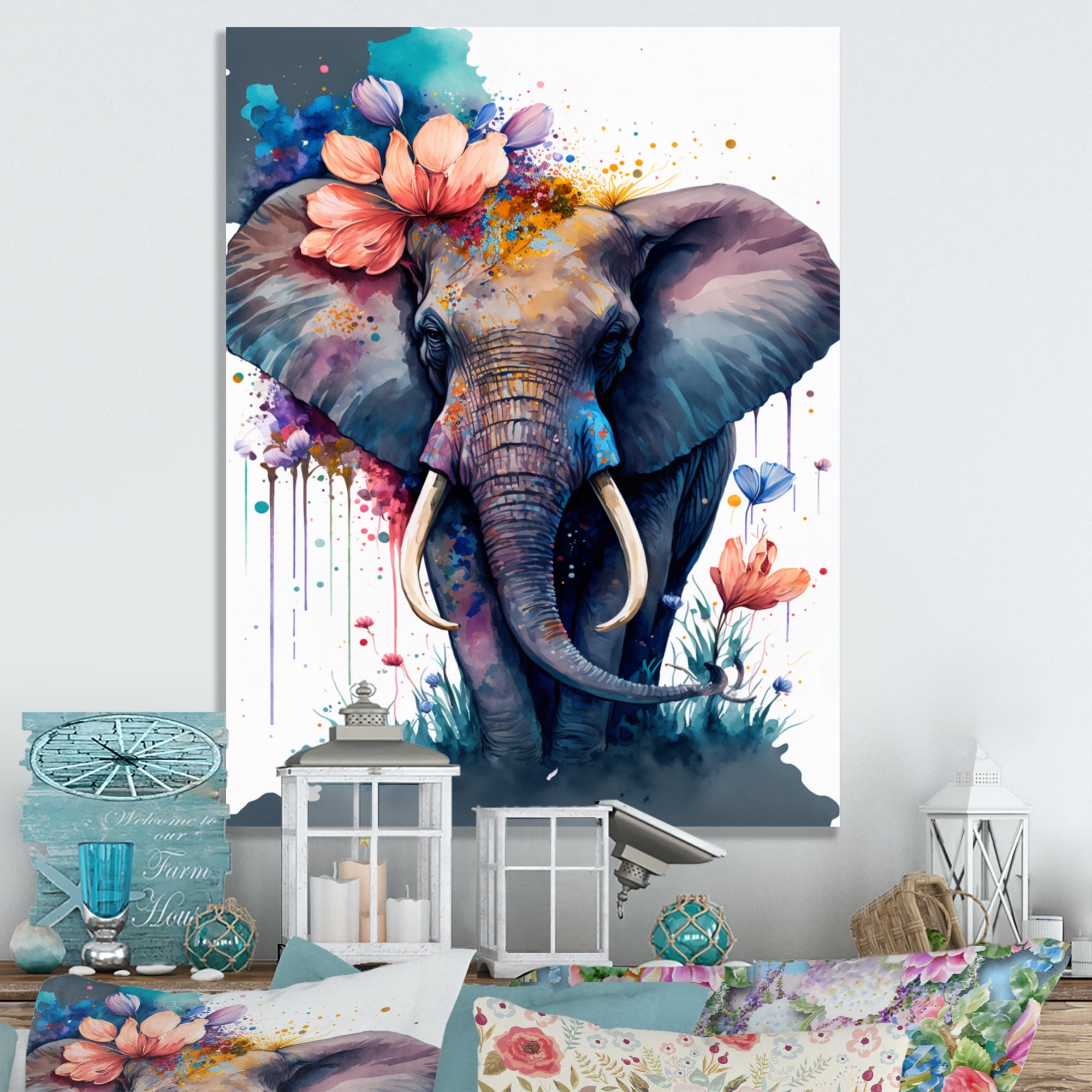 Designart Cute Elefant Floral Art I Canvas Wall Art