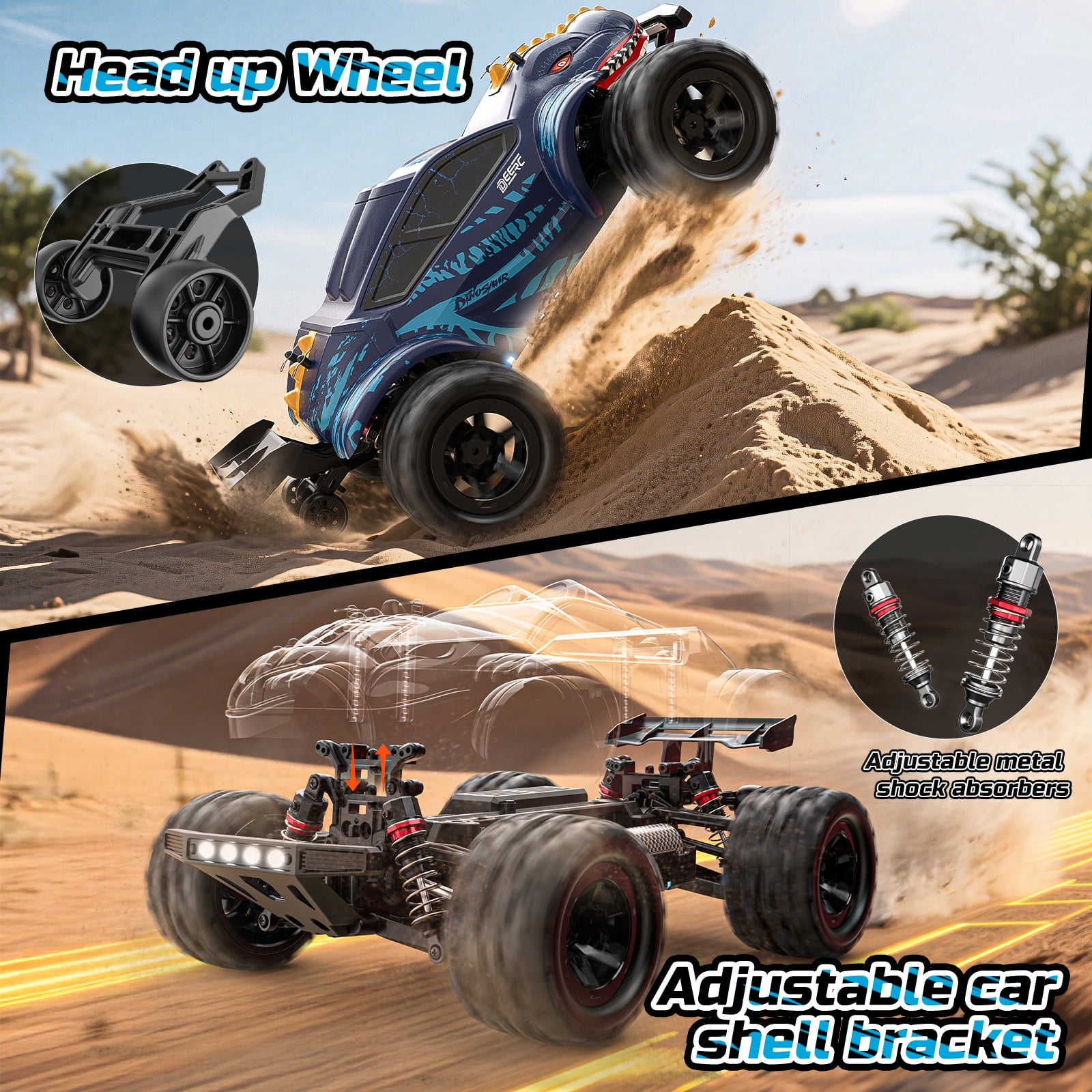 DEERC 9308E 1:16 Fast RC Cars for Boys Age 8-12 RC Monster Truck 40 KPH,All Terrain 4WD High Speed Dinosaur Truck 2 Car Shell,2.4Ghz Off-Road Remote Control Cars with 2 Batteries, Toy Gift for Kids