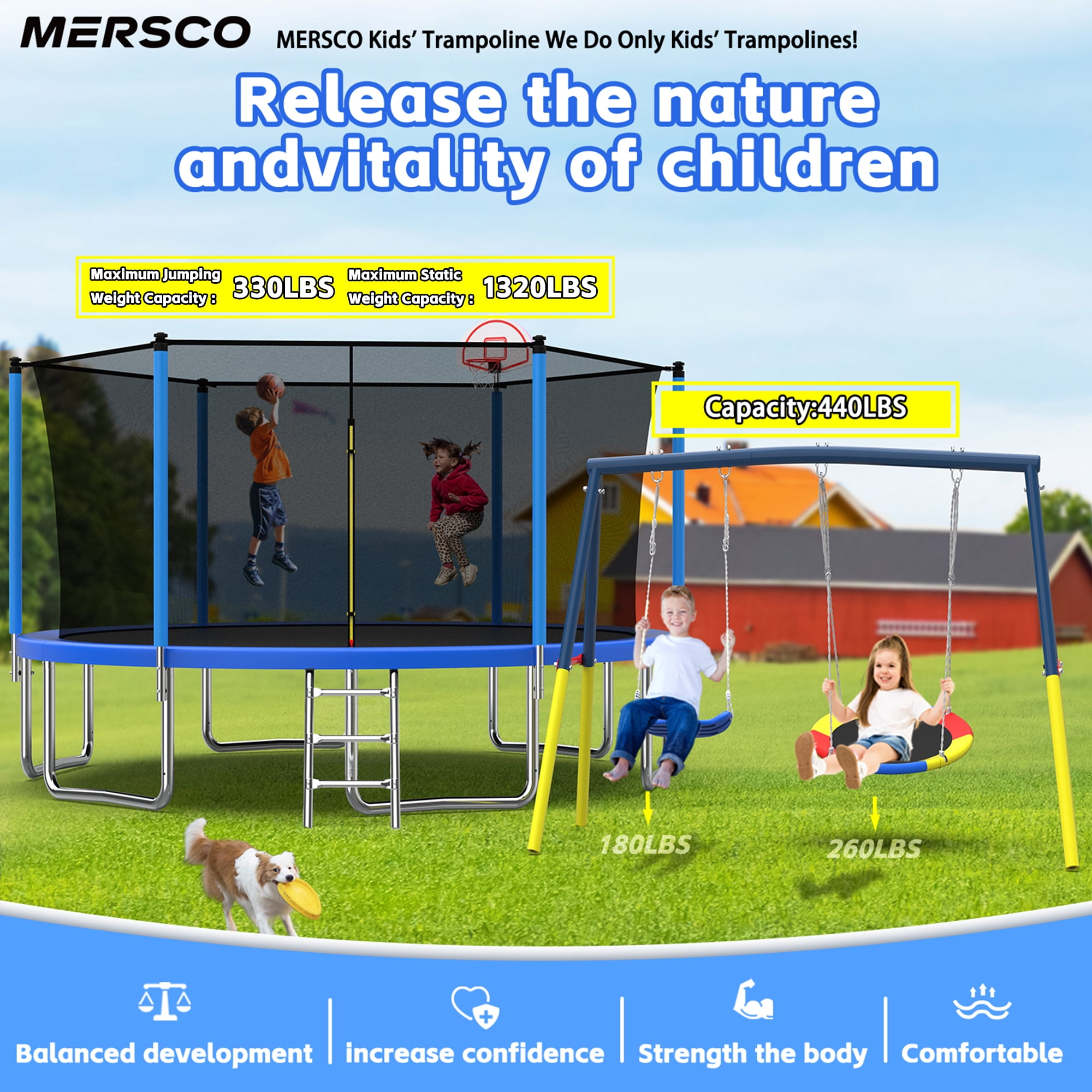 Mersco 10FT Heavy Duty Trampoline with Enclosure Net , Swing Set Outdoor Big Trampoline for Backyard,Kids Trampoline with Basketball Hoop,Birthday and Holiday Gifts for Kids,Blue
