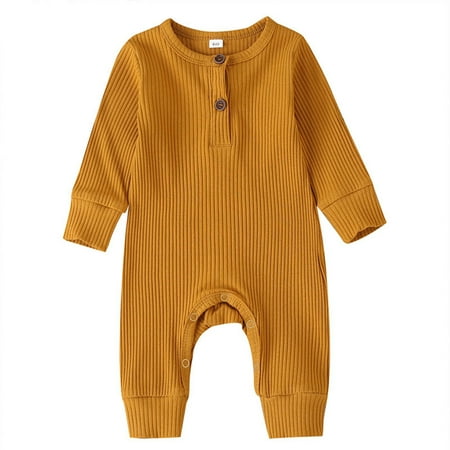 

Qcmgmg Infant Cotton Long Sleeve Button Solid Summer Romper