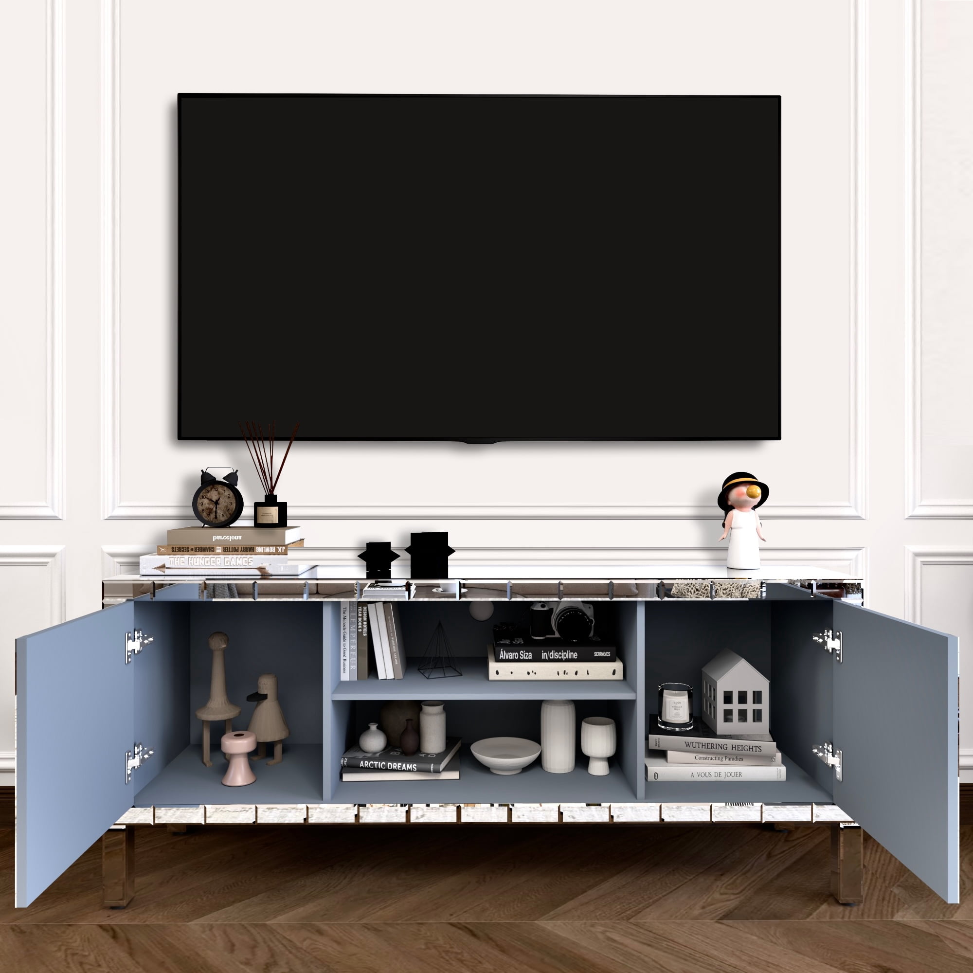 Atumcto Mirrored TV Stand for 65-inch TVs with Adjustable Storage & Crushed Diamond Glass Doors