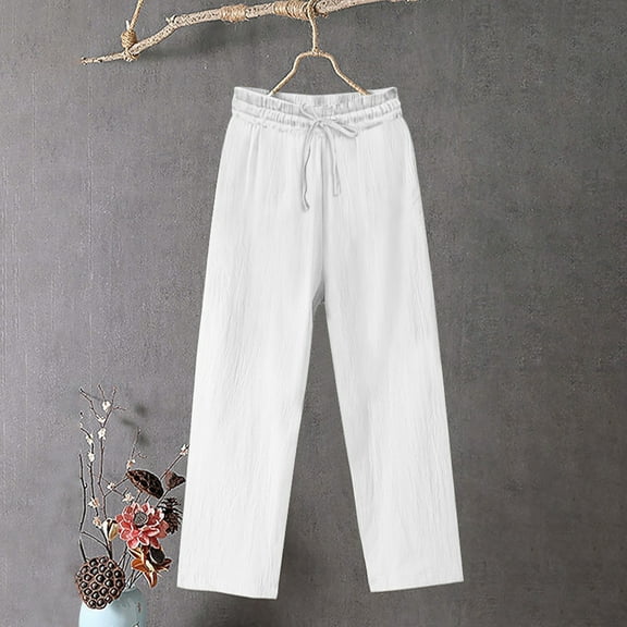 gbyLJF Women's High Waist Palazzo Pants Comfy Pull-On Cotton Linen Straight Leg Pants Baggy Wide Leg Pants with Pockets A01_White XL