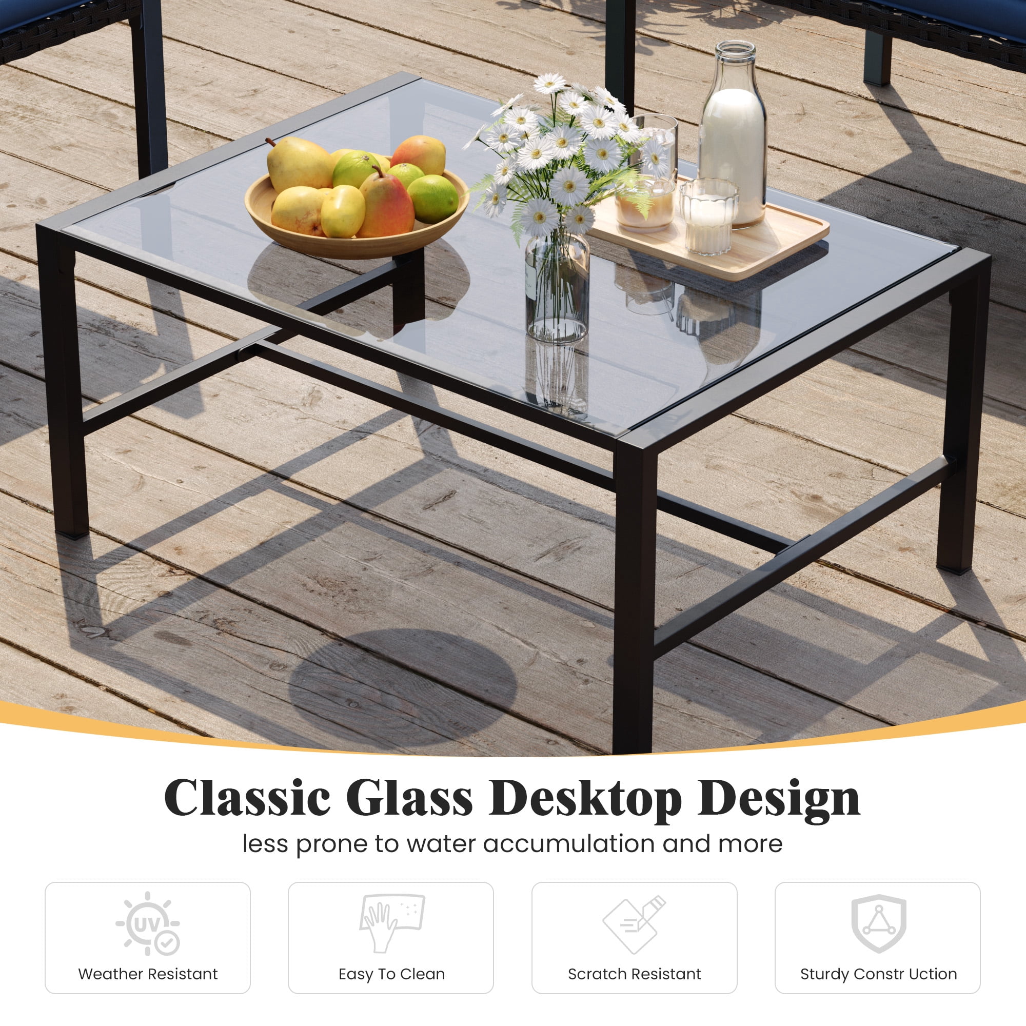 ELPOSUN Patio Furniture Sets for 4, 4 Pieces Patio Comversation Set with Glass Coffee Table,for Backyard Balcony Lawn Pool,Black/BLUE
