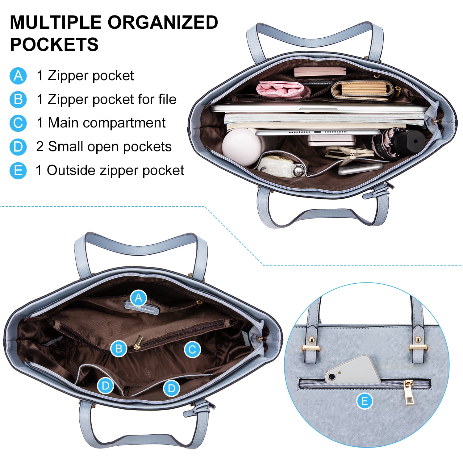 Lovevook Purse for Women,Fashion Tote Bag Shoulder Handbags Top Handle Satchel Bags with External Pocket-3pcs & Pale Blue