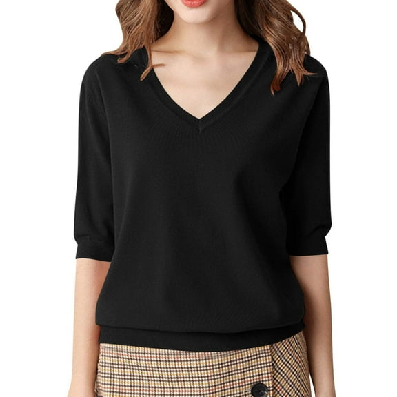 UJNDER Solid Color Knit Sweater Top Crewneck Pullover Soft Comfortable Casual Long Sleeve Fall Winter Black L