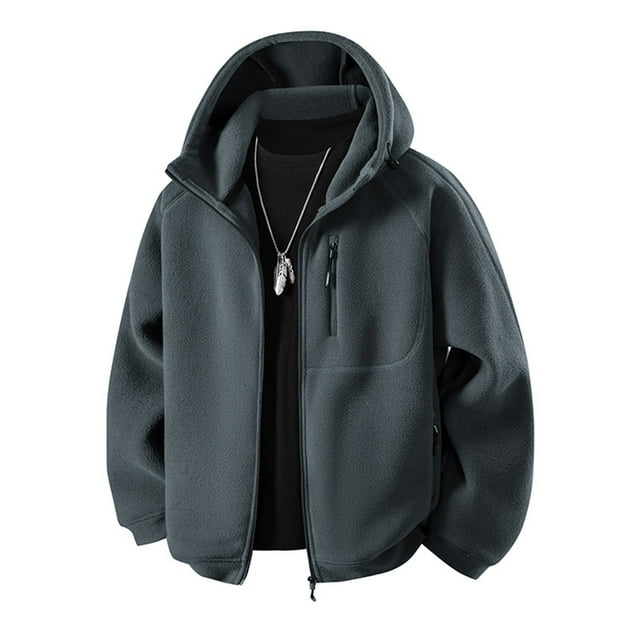 Xuniizn Fleece Jacket Men, Zipper Pockets Windproof Elastic Drawstring Solid Color Full Zip Up Hiking Skating Climbing Hooded Jackets, Thick Thermal Soft Comfortable Loose Casual Winter Coat, M-4XL