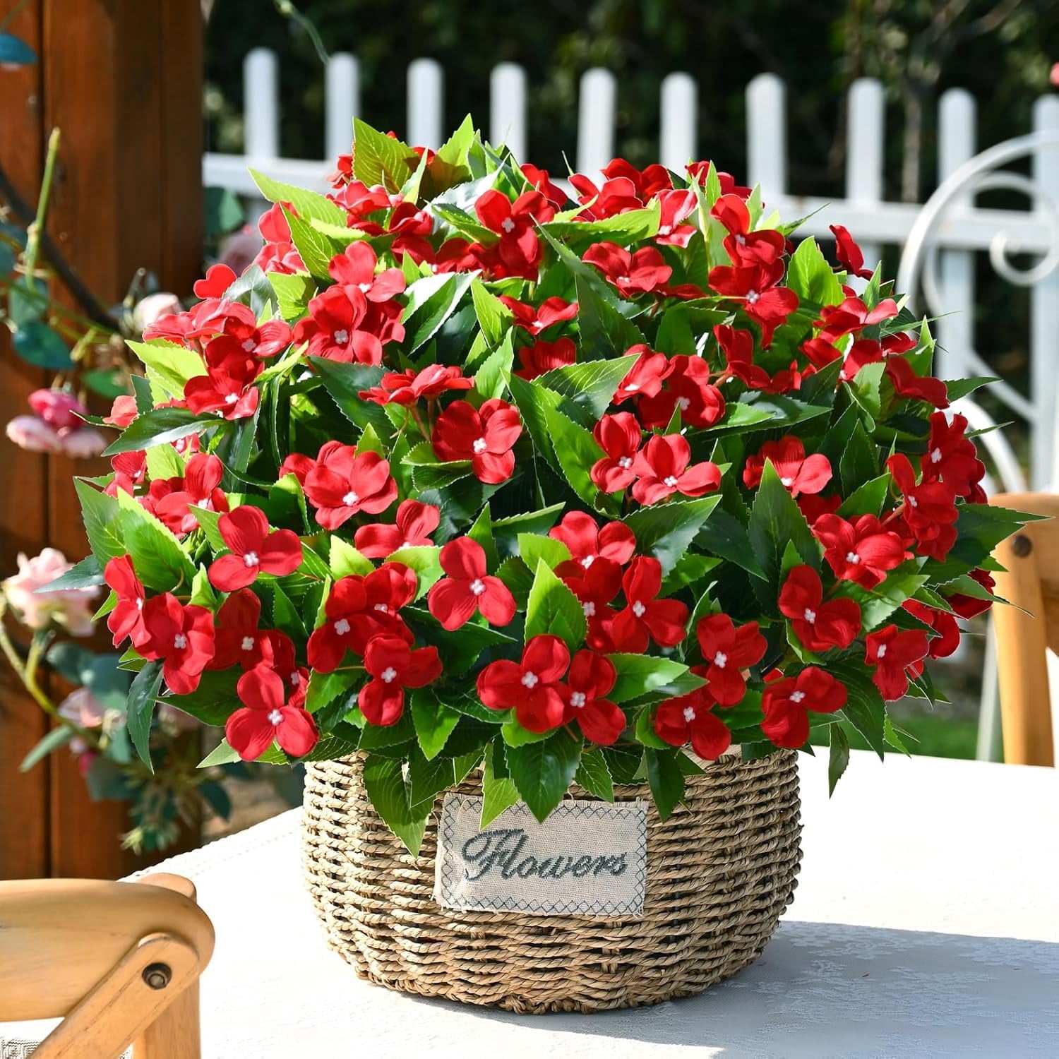 Yastouay 10 Pcs Artificial Flowers for Outdoors ,UV Resistant Faux Impatiens for Outdoor Planters,Red Silk Flowers for Front Door Porch Decorations