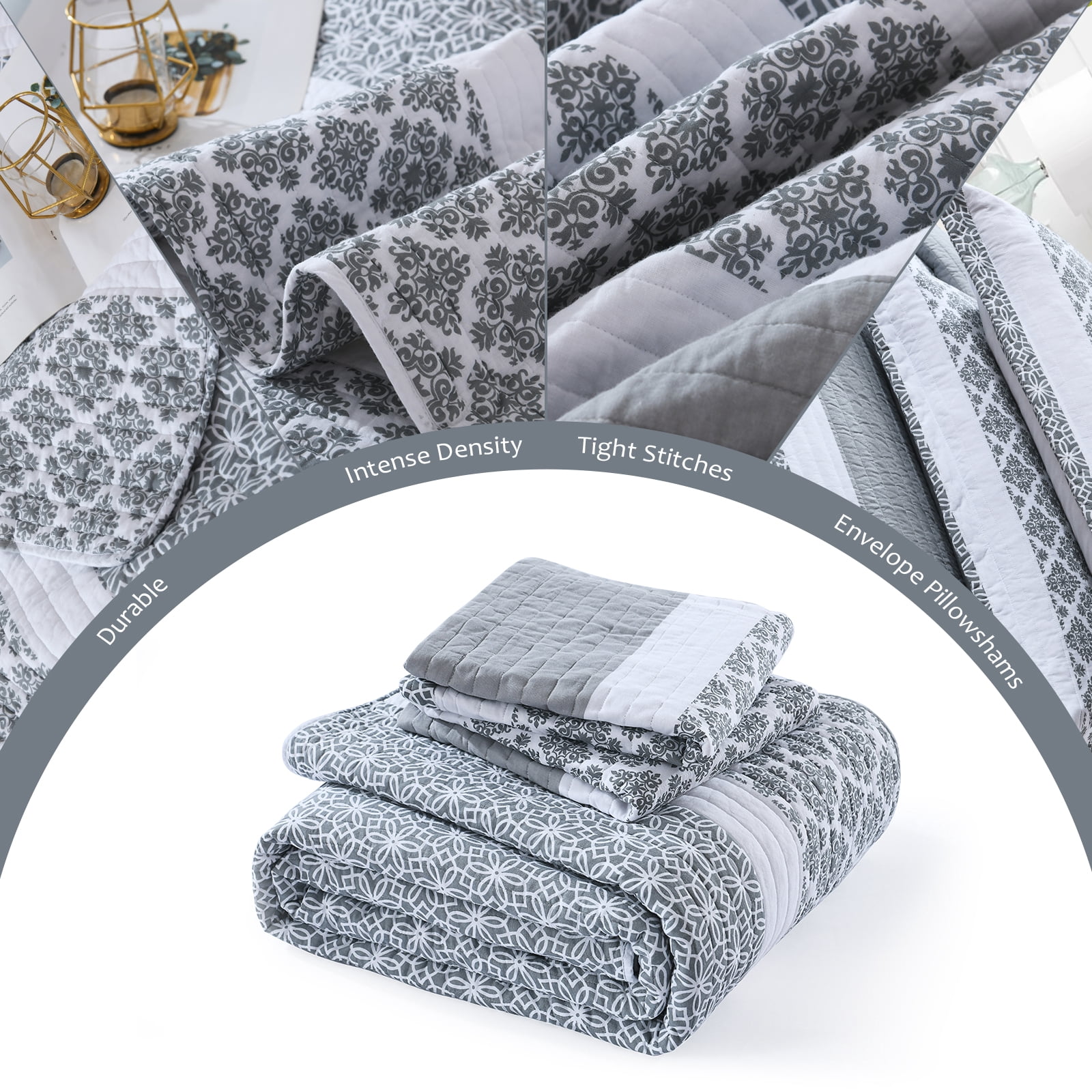 DUOHONG Queen Quilt Set 100% Cotton Farmhouse Lightweight Bedding Set, Bluish Gray/White, 90"W x 98"L