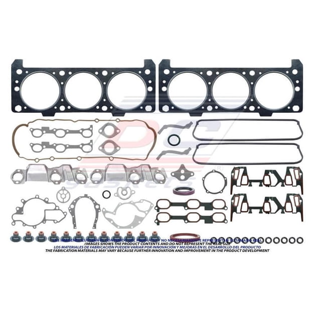 empaque completo para chevrolet monte carlo 2000 - 2003 (dc gaskets) juego de empaques multicolor en vista cenital: dos juntas de culata negras arriba, empaques de tapa de válvulas, retenes, sellos y arandelas organizados en filas y piezas pequeñas alineadas en la parte inferior sobre fondo blanco. Adecuado también para uso como kit de reemplazo completo en mantenimiento de motor.
