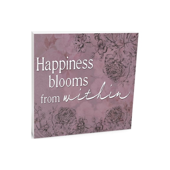 Happiness Blooms Purple Floral 10 x 10 Wood Tabletop Sign Plaque