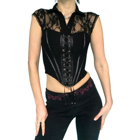 

Women Lace Crop Top Puff Sleeve Square Collar Blouse Vintage Mesh Patchwork Corset Crop Top Turn Down Collar Tees