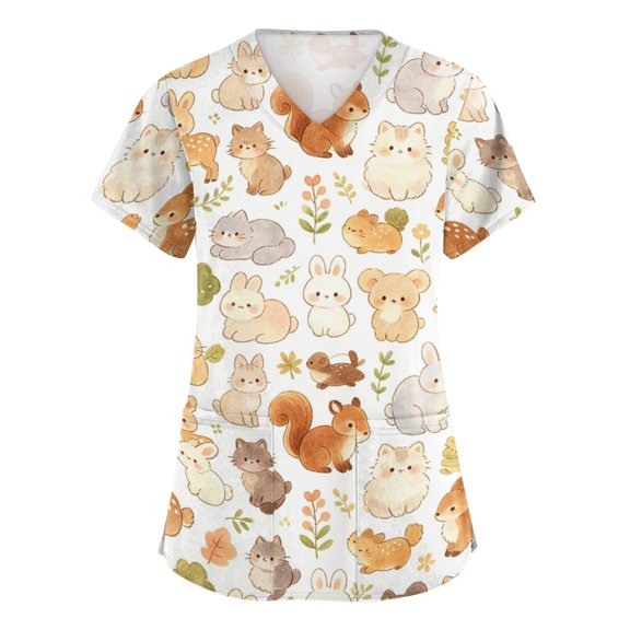 Women's Scrub Tops Comfort Loose Fit V Neck Short Sleeve Cartoon Animals Printed Scrub Work Shirts