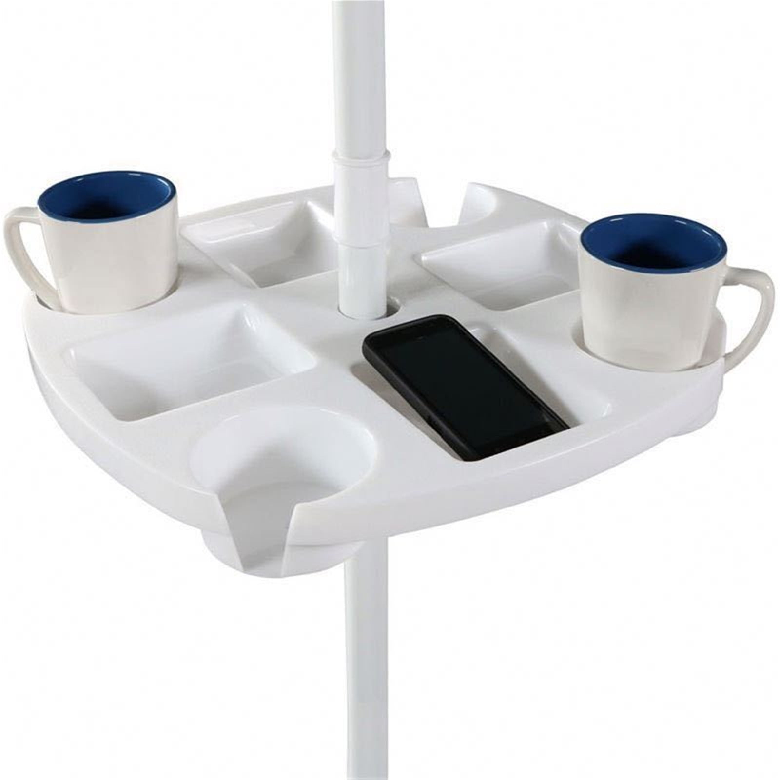 COM1950s Outdoor Umbrella Tray Organizer with Cup Holders – Heavy-Duty Plastic Beach Umbrella Caddy Table for Drinks,Snacks,Phone – Fits 1.5In Pole,17X17X2In,White