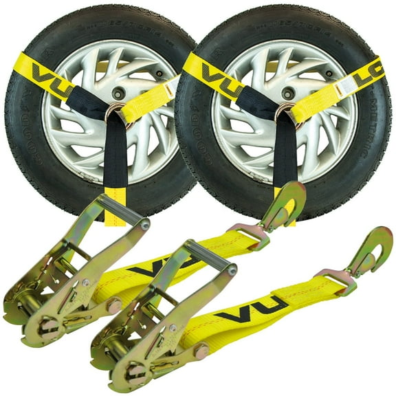 VULCAN Car Tie Down - Twisted Snap Hooks - Lasso - 2 inch x 96 inch - 2 Pack - Yellow - 3300 Lbs SWL