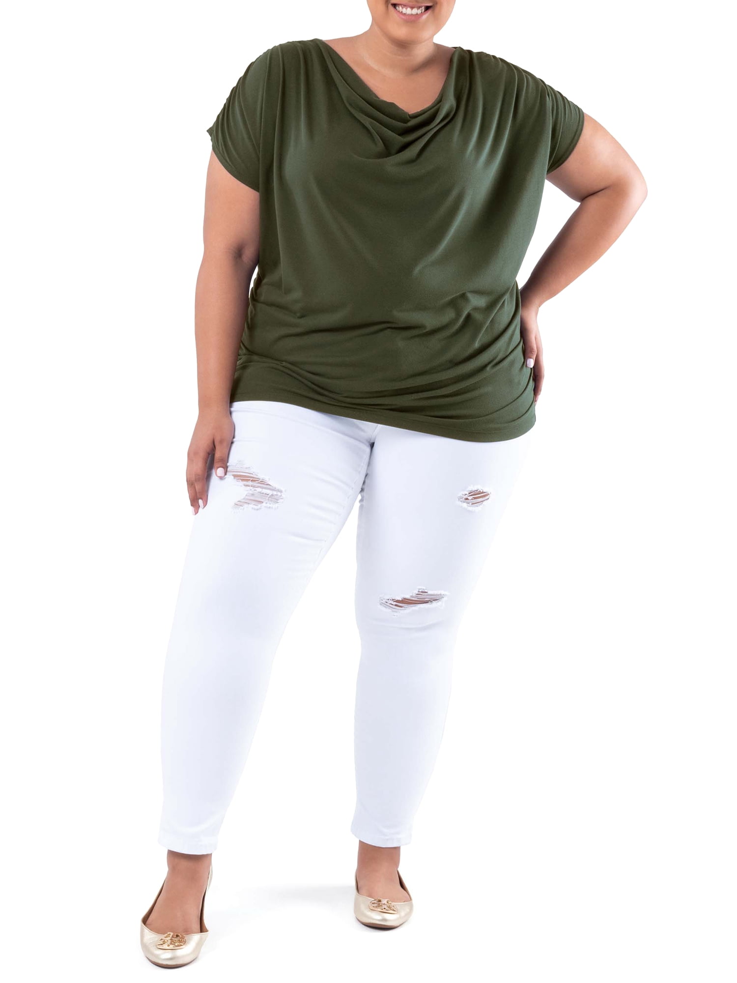 Wright's Women's Plus Size Draped Front Cowl Neck Short Sleeve Blouse Top, Size 1X-5X