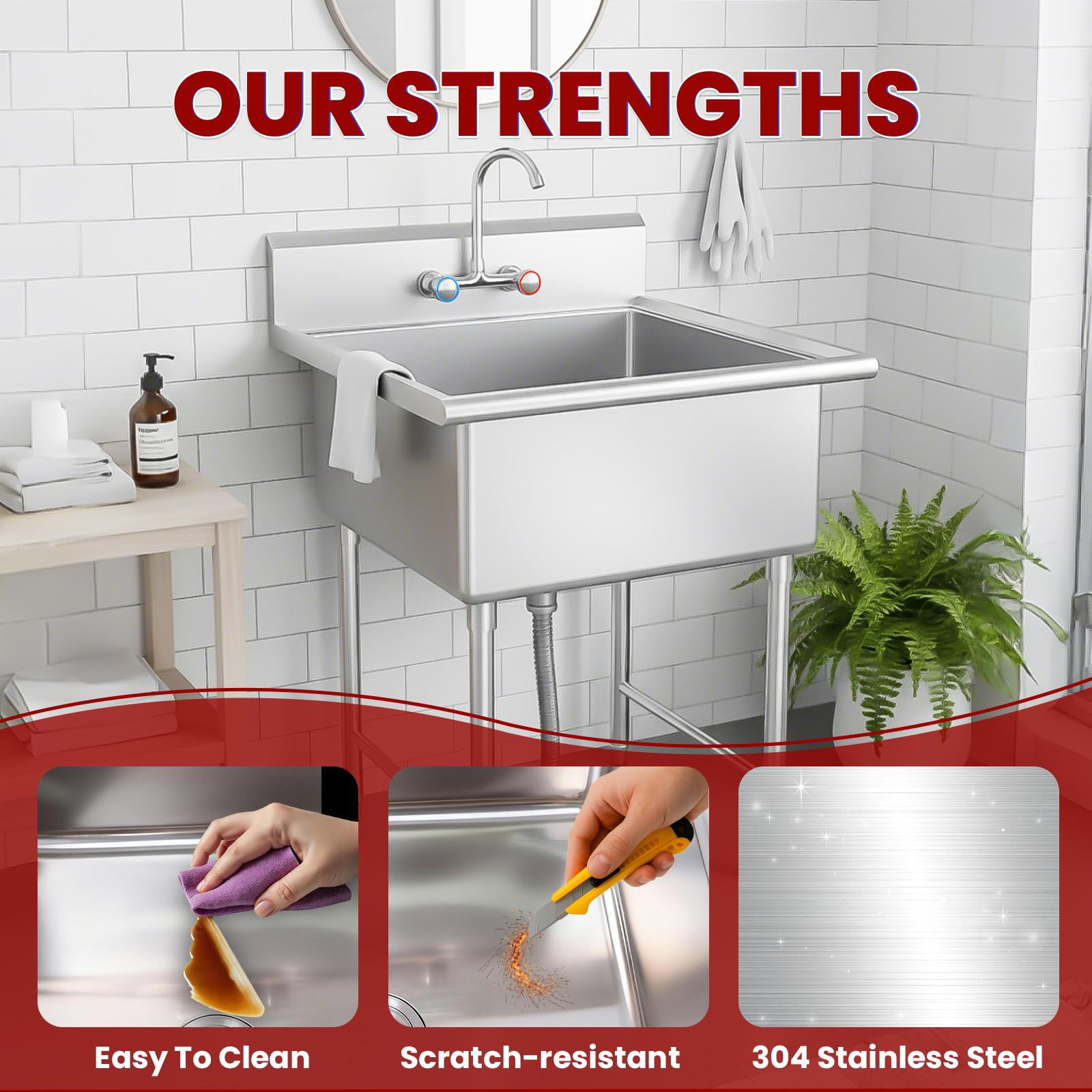 Home Utility Heavy Duty Laundry Garage Sink,  Freestanding Laundry Sink for Garage or Kitchen, Indoor Outdoor Utility Tub with Pull-Out Faucet, Towel Bar, 27.56” D*27” W*56.7” H