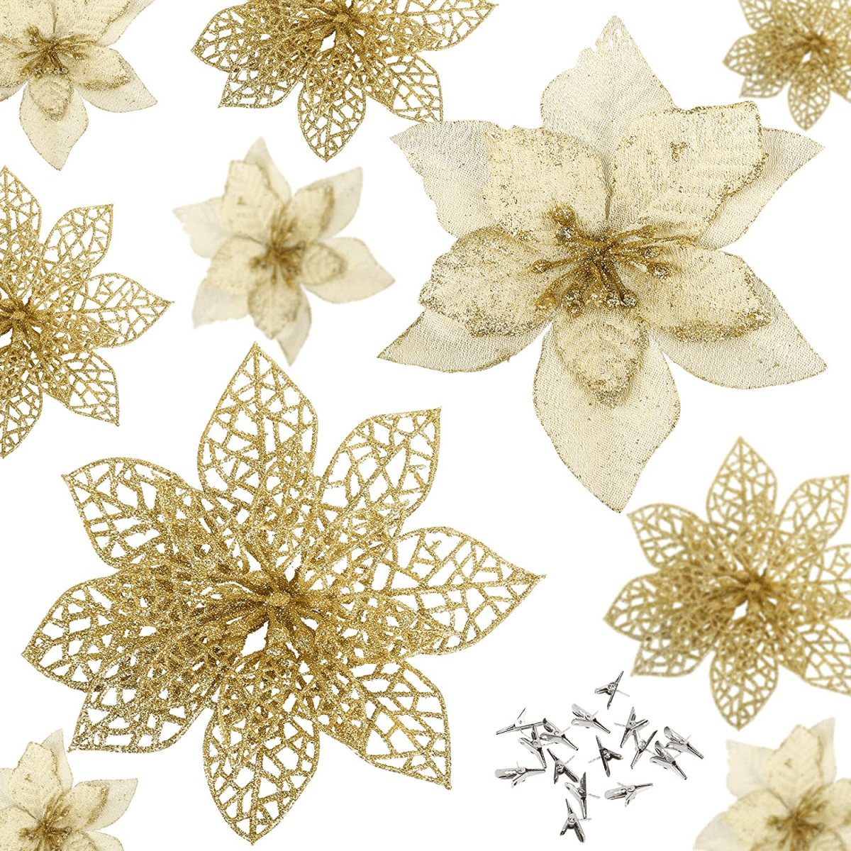 24 Pieces Christmas Glitter Poinsettia with Clips, Christmas Poinsettia