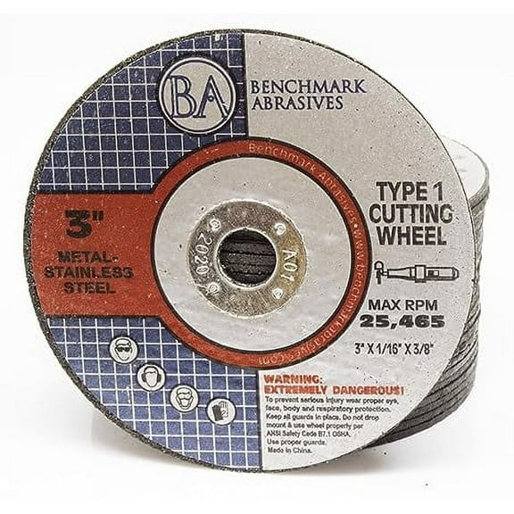Benchmark Abrasives 3" Aluminum Oxide Thin Metal Cutting Wheel 1/16" Thick 3/8"Arbor - 25 Pack