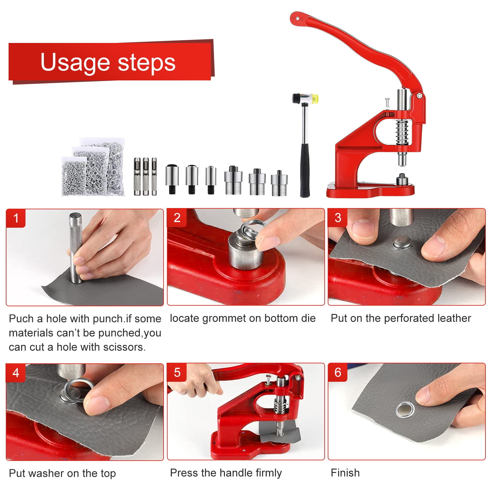 3000pcs Hand Press Grommet Machine, Heavy Duty Eyelet Grommet Machine Punch Tool Kit with Dies, Grommets, and Hammer for Snap Buttons, Rivets, Eyelets, and Pearls (Red)