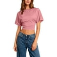 thumbnail image 6 of LNWUY Women's Oversize Workout Crop Tops Casual Short Sleeve Drop Shoulder T-Shirts Roll Hem Basic Loose Yoga Running Tees Pink M, 6 of 8
