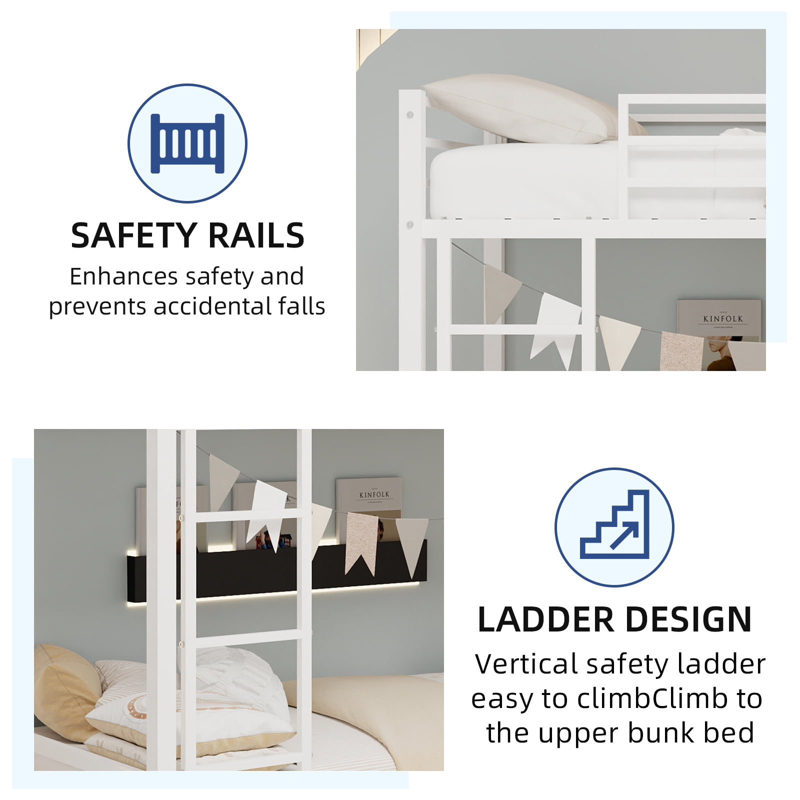 Metal Twin over Twin Bunk Bed/ Heavy-duty Sturdy Metal/ Noise Reduced/ Safety Guardrail,White