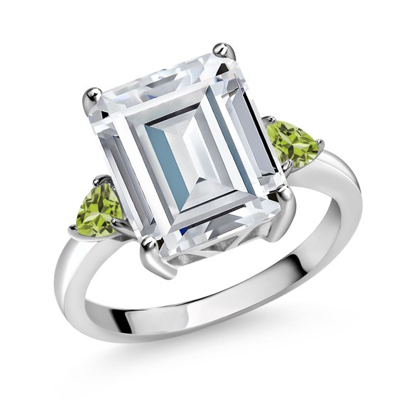 Gem Stone King 925 Sterling Silver Green Peridot Ring Set with Emerald Cut Moissanite (7.74 Cttw) (Size 7)