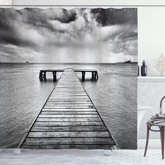 Ambesonne Black and White Shower Curtain, Old Pier on Sea, 69"Wx84"L, Black and White