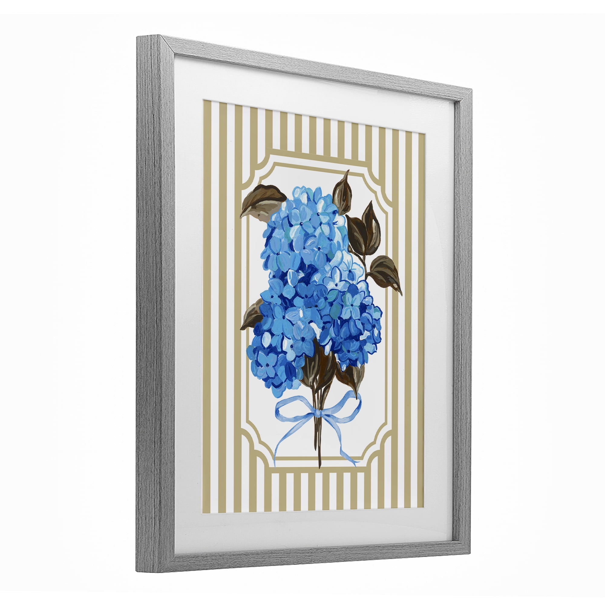 Blue Hydrangea Blossom Bow Gray Framed Print Under Glass, design by Adonna Ebrahimi