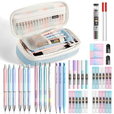 Nicpro 45Pcs Aesthetic Supplies with Big Capacity Pen Case, Pastel Mechanical Pencils 0.5, 0.7, 0.9, 2mm with 24 Tube Lead Refills(4B 2B HB 2H 4H COLORS) Erasers