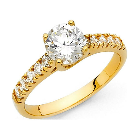 CZ Engagement Ring 14k Yellow Gold Anniversary Round Solitaire CZ Bridal Side Stones Band Women Size 7