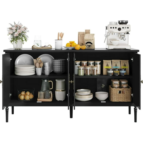 Large Sideboard Cabinet, 59'' Modern Credenza Buffet Table Coffee Bar Wine Bar, Storage Cabinet with Adjustable Shelves for Kitchen, Coffee Bar, Living Room, Black