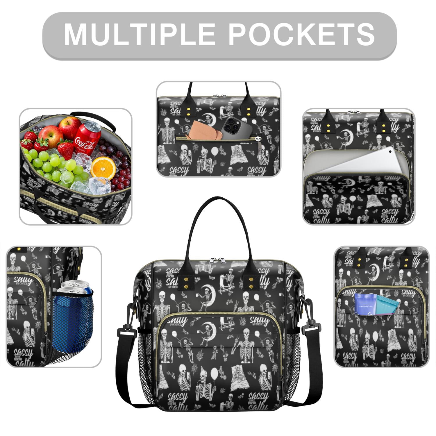 Halloween Skeleton Fun Pattern Womens Lunch Box for Work,Insulated Large Lunch Bag for Tween and Teen,Loncheras Para Mujer,Leakproof Adult Lunch Bag for Work,Beach,Travel,Picnic,Camping
