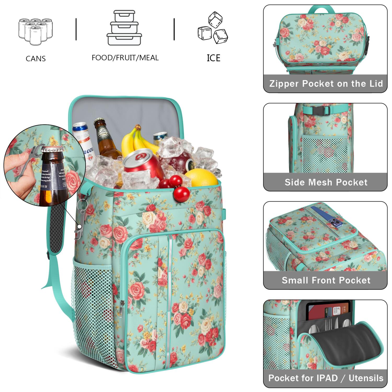 Travel Cooler Bag - Pioneer Flower Camping Beer Cooler Backpack with Bottle Opener- Waterproof Insulated Picnic Backpacks - Cooler Bag for Beach
