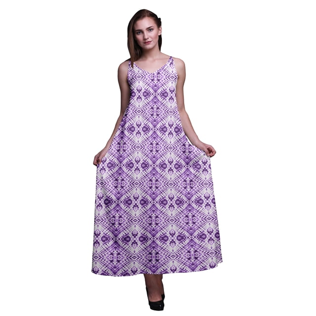 Bimba Robe Longue Sans Manches à Bretelles Spaghetti Imprimée Teinture sur Nœuds en Rayonne pour Femmes - TTTG
