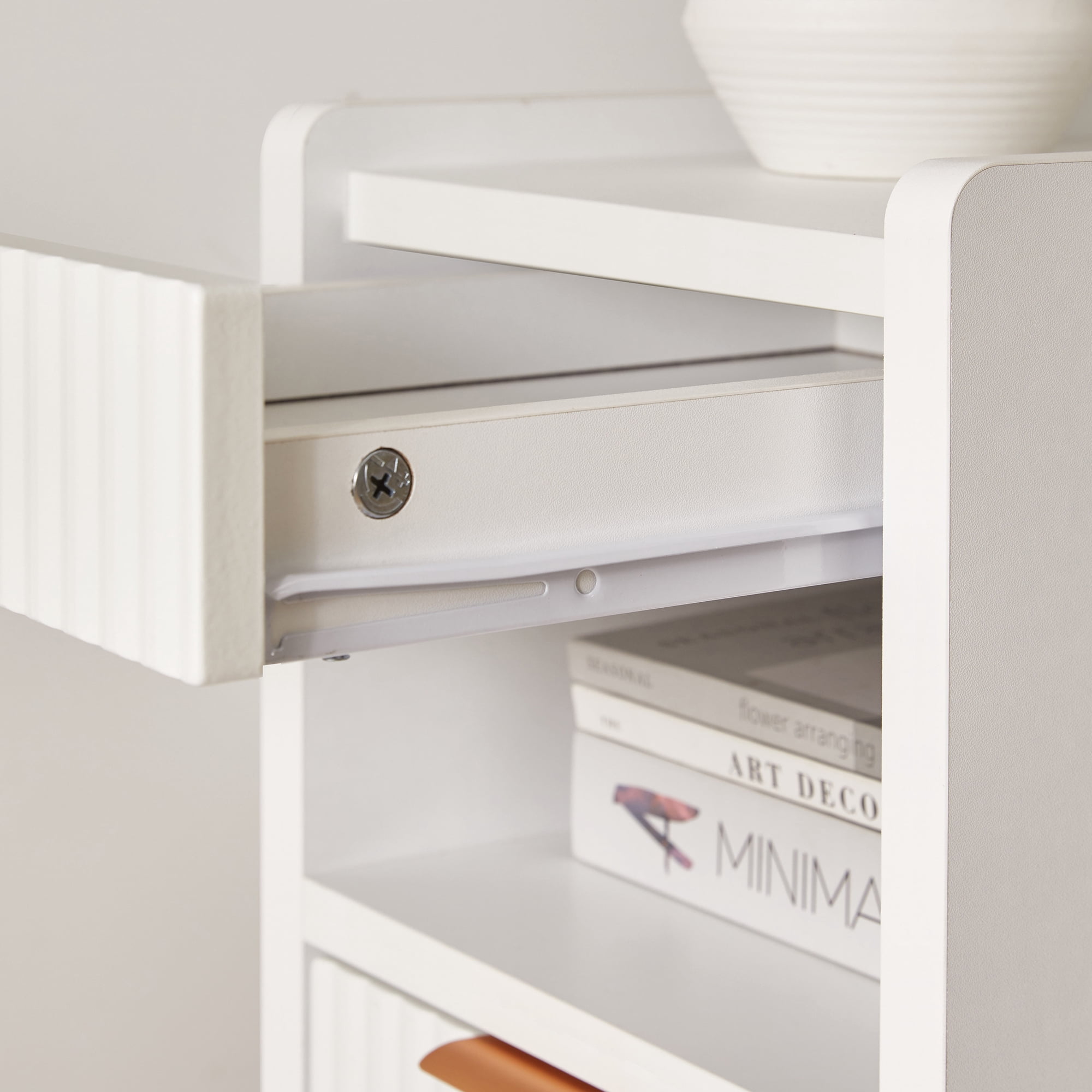 Set of 2 Fluted Wood Nightstands with Drawer and Open Storage, Modern Bedside End Tables and Bedroom Storage Cabinets, White