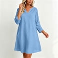 thumbnail image 5 of Bosfbaoi Linen Dresses for Women V Notch Neck 3/4 Roll Sleeve Loose A‑Line Short Dress with Side Pockets, 5 of 7