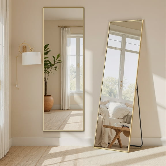 SIMENMAX Full Length Mirror, 16"x59" Nano Glass Floor Mirror, Standing Rectangle Floor Mirrors Body Dressing Wall-Mounted Mirror for Living Room, Bedroom,Gold