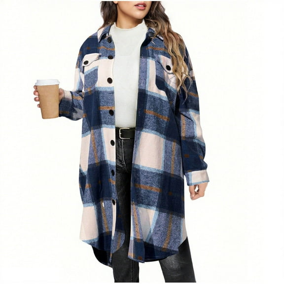 Lcziwo Womens Long Plaid Shacket with Pockets Lapel Button Down Oversized Coats Long Sleeve Casual Tartan Jackets Casual Trendy Fall Winter Outerwear 2025 Blue,S