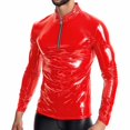 thumbnail image 1 of Blusa y camisa de manga larga con cuello vuelto para hombre, de color liso, informal, de cuero brillante, ajustada, con cremallera, de manga larga, con cuello alto, de PU., 1 of 4