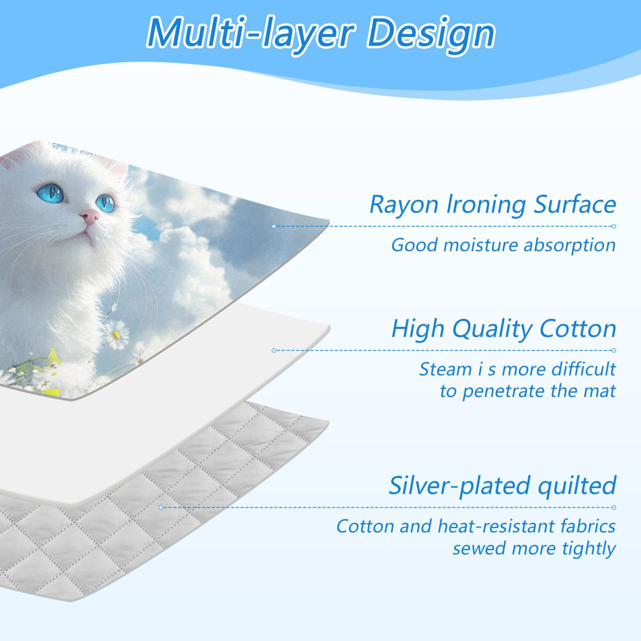 White Cat on Daisies Field Clouds Ironing Mat Blanket Portable Travel Ironing Pad Heat Resistant Pad 47.2" x 27.6”
