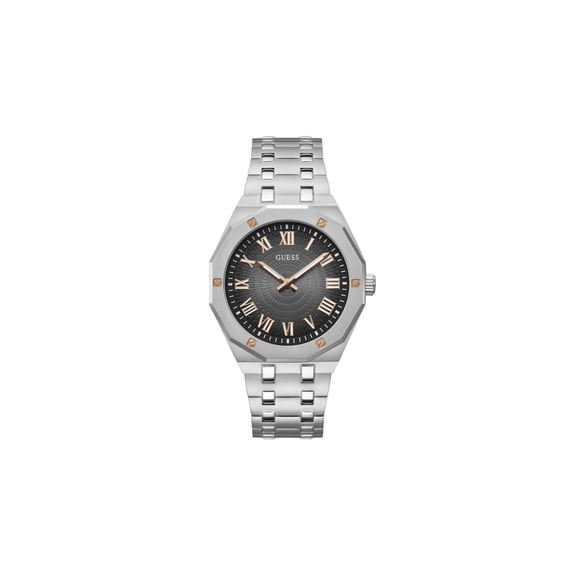 GUESS Men's 42mm Watch - Silver Tone Strap Black Dial Silver Case