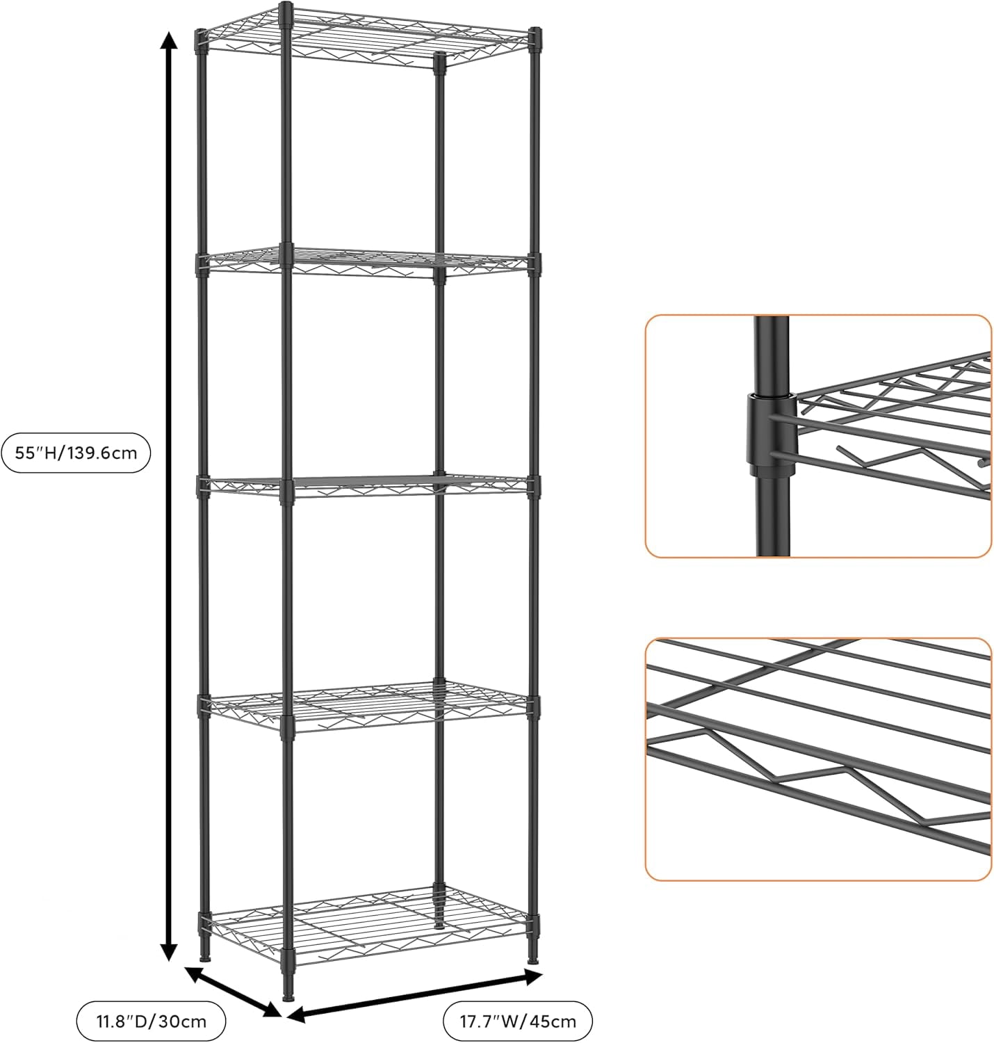 M MZG 5-Shelf Shelving Unit - Heavy Duty Storage Shelving, Metal Wire Shelving, Storage Organizer Standing Rack for Kitchen, Office and Garage (Black, 5 Tier, 11.8" D × 17.7" W × 55" H)