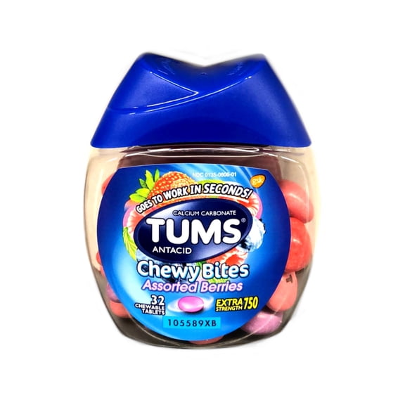 TUMS Chewy Bites Antacid Extra Strength 750 Assorted Berries Chewable Tablets 32 Count