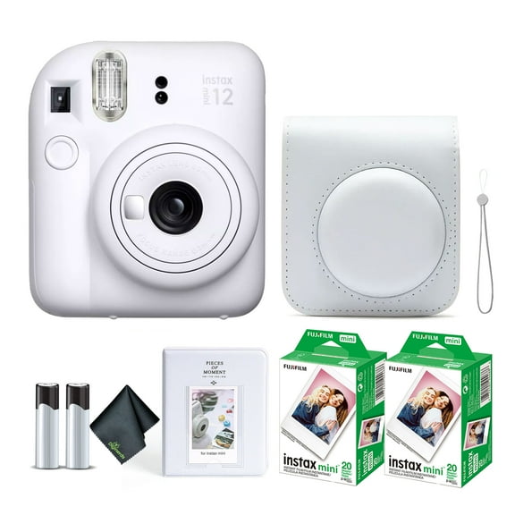 Fujifilm Instax Mini 12 Instant Camera Clay White Bundle with Fuji Instax Mini Film Value Pack (40 Sheets) Protective Carrying Case Photo Album Microfiber Cleaning Cloth