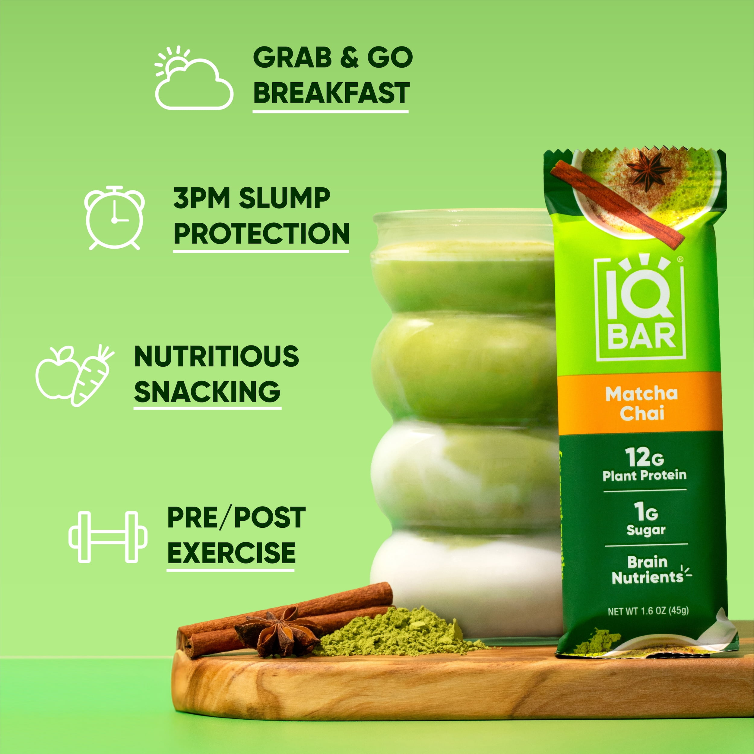 IQBAR Clean Plant Protein Bars - Matcha Chai - 12 Count - Keto, Vegan, High Fiber, Gluten and Dairy Free, Low Sugar Snack