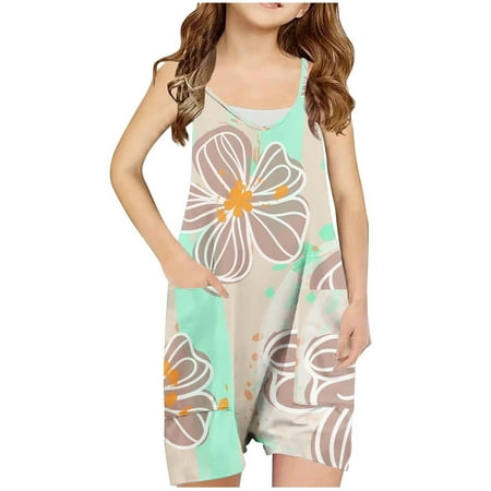 AJTQTH Rompers for Girls Cute Floral Printed Jumpsuit V-Neck Spaghetti Straps Playsuit with Pockets for Summer School Casual Outdoor Travel Bodysuit Clothes Outfits Multicolor#02 5 Years