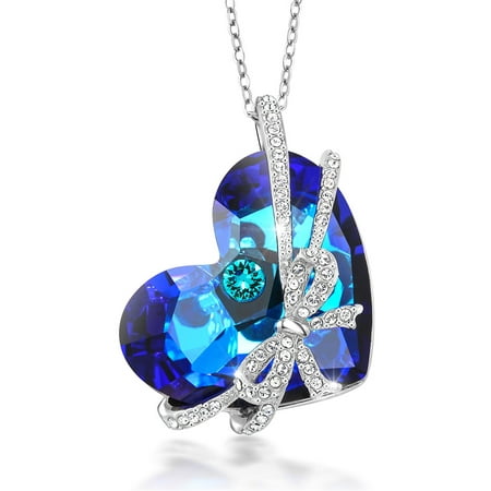 Encased Gems - Bermuda Blue Encased Ribbon Heart Pendant Created with Swarovski® Crystals
