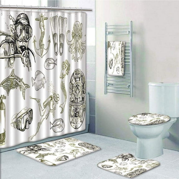 PRTAU Diving The Life of Aquatic Marine Mermaid Snorkeling Octopus Sketchy 5 Piece Bathroom Set Shower Curtain Bath Towel Bath Rug Contour Mat and Toilet Lid Cover