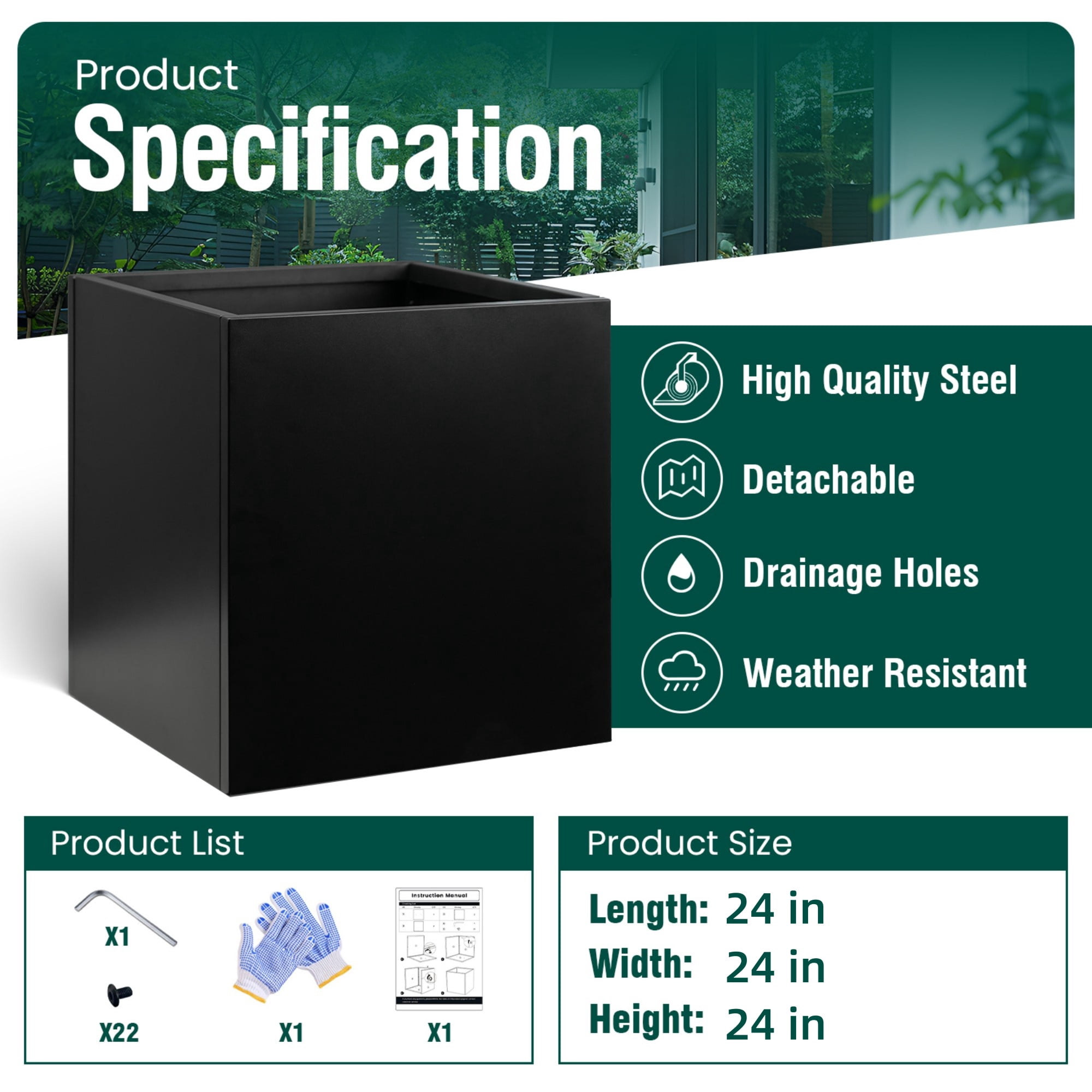 GZGNEEVL, Square Planter Box, 24 inch, Heavy Duty Galvanized Steel